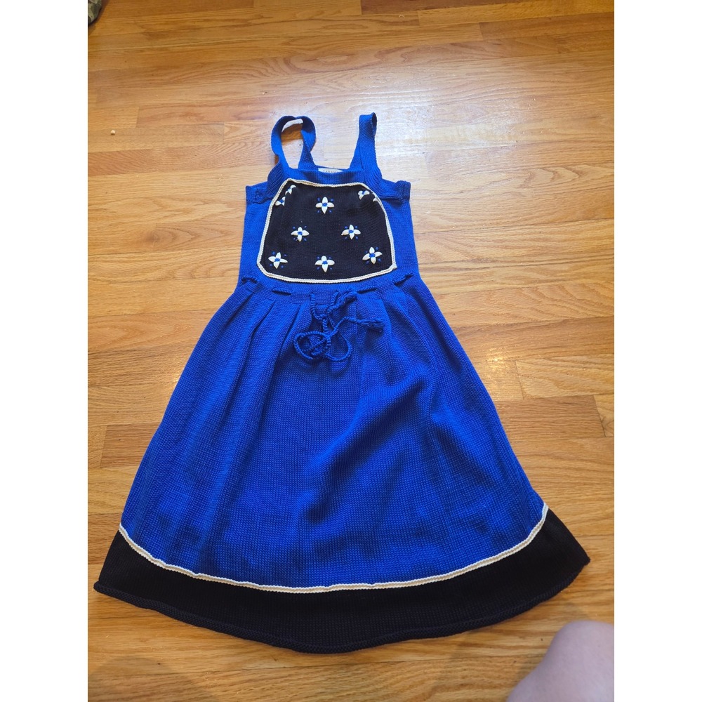 Caramel Girls Blue Pima Cotton Knit Floral Bib Dress Size 12Y